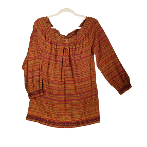 Lauren Ralph Lauren Knit Top Womens Size M Brown Smocked Button Detail Boho - Picture 2 of 10